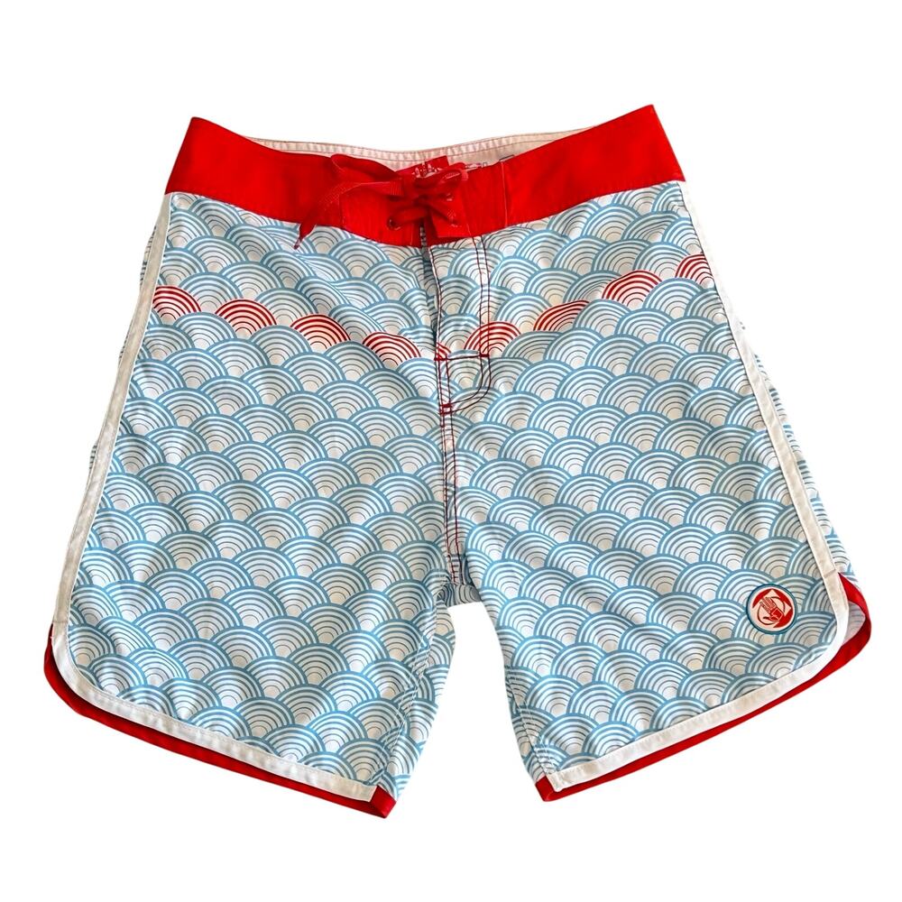BODY GLOVE Swim Trunks Board Shorts Men's Sz 30 Blue Water Wave Red S Vintage